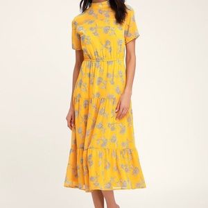 Lulu’s Mustard Yellow Floral Print Midi Dress XS